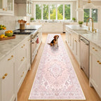 Area Rugs 3'x10' Washable Non-Slip, Floral Vintage Distress Print Pattern Medallion Carpet for Living Room Bedroom Dining Room, Pink Greypink Cute