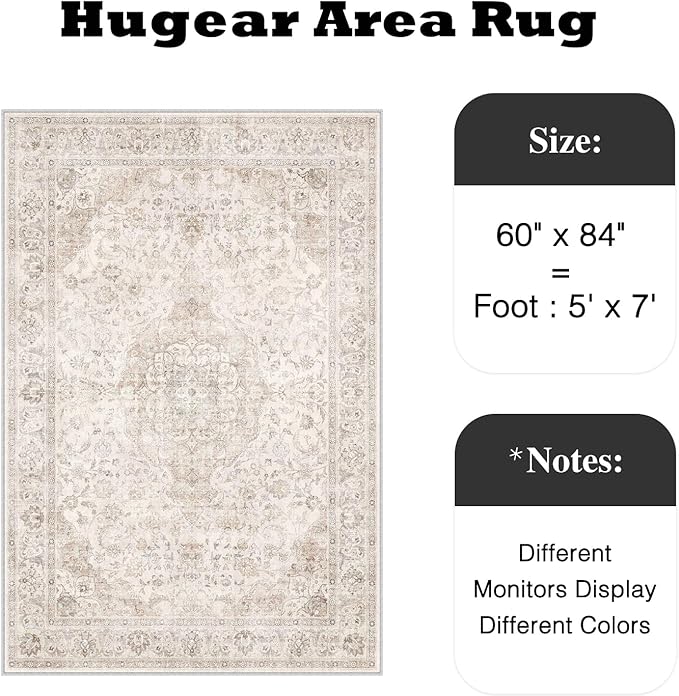 HUGEAR Area Rug 5x7 Vintage Beige Machine Washable Living Room Rugs Thin Neutral Floral Vacuumable Low Pile Carpet Bedroom Office Dining Room Laundry Room Non Slip Soft Lightweight