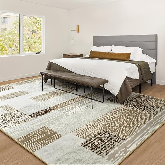 Large Area Rugs,Modern Geometric Patchwork Floor Decor for Bedroom Aesthetic Carpet, Rockwood Collection, Indoor Rugs for Living Room, Dining Room, Nursery, Office, Machine Washable Rug,8x10 Ft Beige
