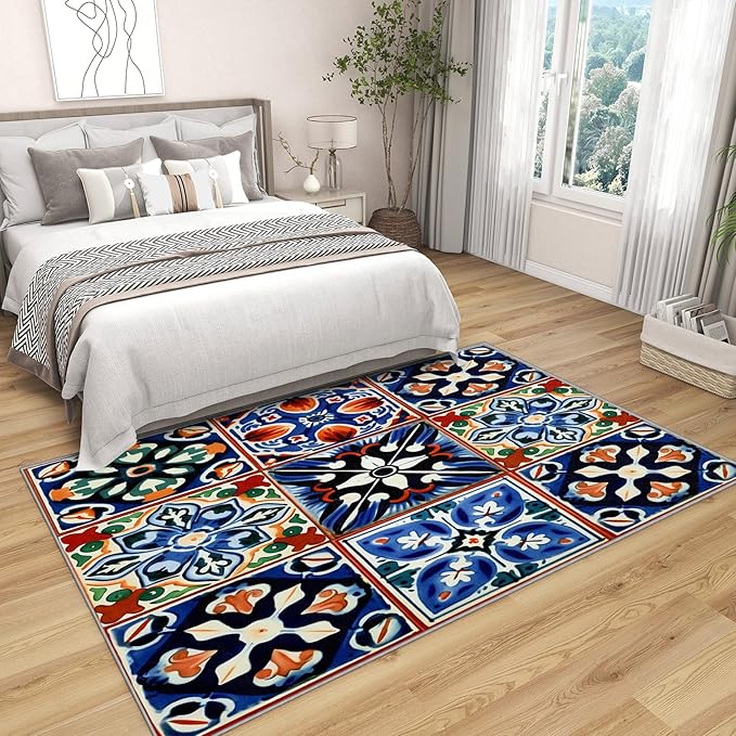 Moroccan Trellis Rugs 8x10 -Moroccan Tile Rug, 4x5 ft, Colorful Trellis Area Rug, Geometric Patchwork Washable Rugs for Living Room Bedroom, Oriental Traditional Home Decor & Gifts