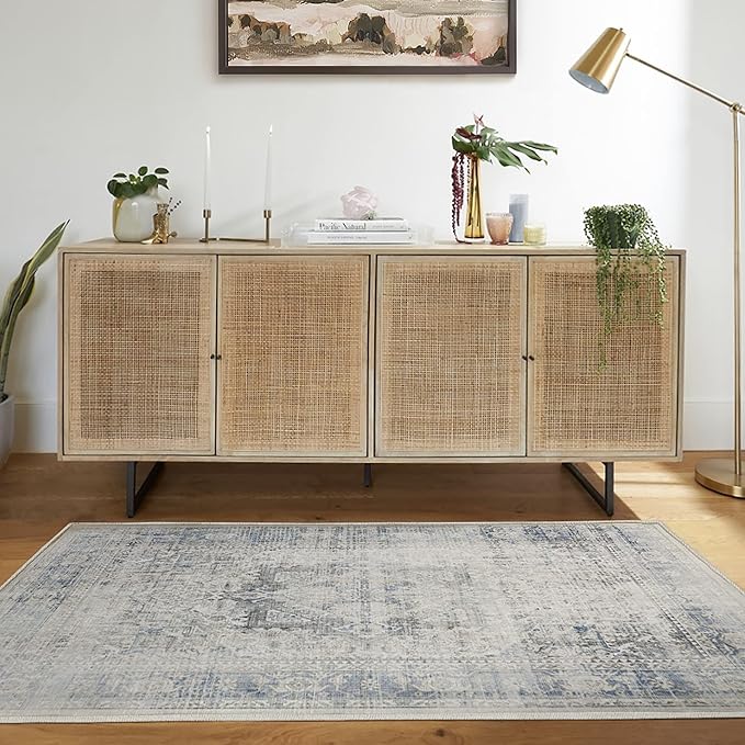 RUGGABLE Washable Vintage Area Rug – Kamran Blue Quartz 4x6, Stain-Resistant, Non-Slip – Medium Machine Washable Rugs for Living Room, Bedroom, Hallway, Entryway & Office–with Cushioned Pad
