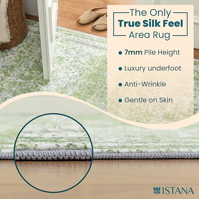 Istana Hallway Runner Rug 2x6 - Light Green Kitchen Rugs Non Slip Washable -Silk's Soft Touch Carpet Runner - Stylish Rug Runner for Home