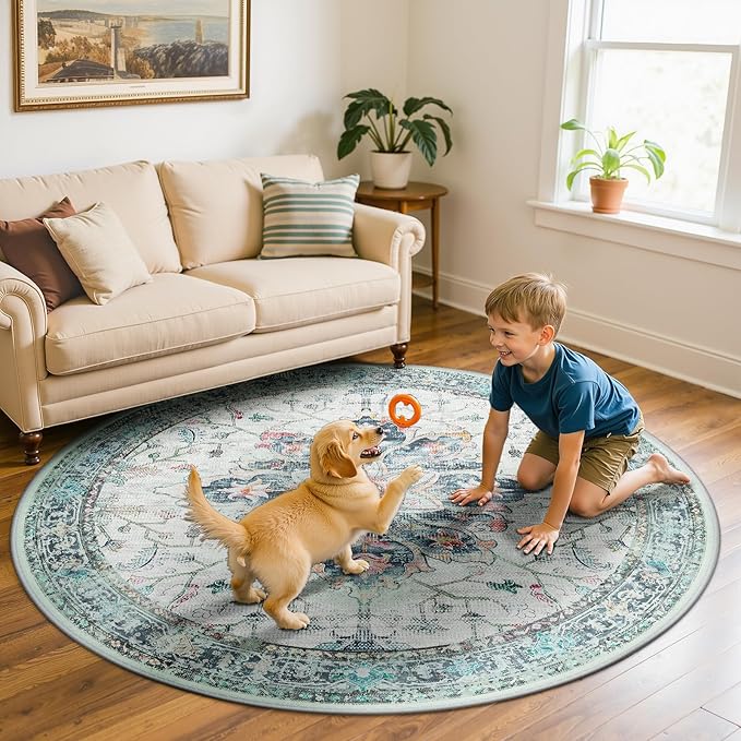 Area Rugs 5ft Washable Non-Slip, Floral Vintage Distress Print Pattern Medallion Carpet for Living Room Bedroom Dining Room, Green Navy Blue White Red Teal Colorful