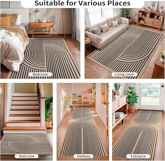 Tangsoo Rainbow Easy Jute Rug 2.6x8 Washable Runner Rug for Hallways,Non-Slip Thin Dark Brown Outdoor Rug,Modern Farmhouse Carpet for Porch Laundry Bedroom Living Room Entryway