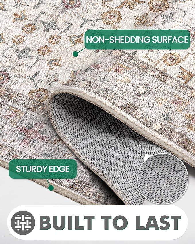 LUMI Washable Kitchen Rug, 23x87 Non-Slip Indoor Hallway Runner, Soft Low Pile Vintage Distressed Area Rugs for Laundry, Bedroom, Beige