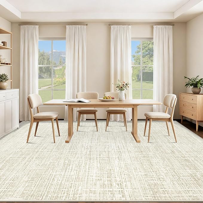 9x12 Area Rugs for Living Room, Washable Large Area Rug Neutral Modern Abstract Bedroom Rug Soft Non Slip Low Pile Stain Resistant Indoor Carpet for Kids Playroom Dining Room Office(Beige, 9'x12')