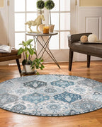 Lahome Moroccan Trellis Washable Round Rugs, Non-Slip Soft Round Rug 4ft Ultra-Thin, Small Vintage Circle Carpet for Entryway Kitchen Bedroom Nursery Bathroom, Blue