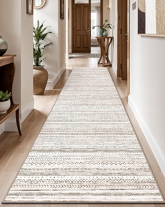 LUMI Washable Runner Rug, 3'x10' Non-Slip Hallway Mat, Low Profile Thin Long Carpeet for Laundry Kitchen Bedroom Office, White and Brown