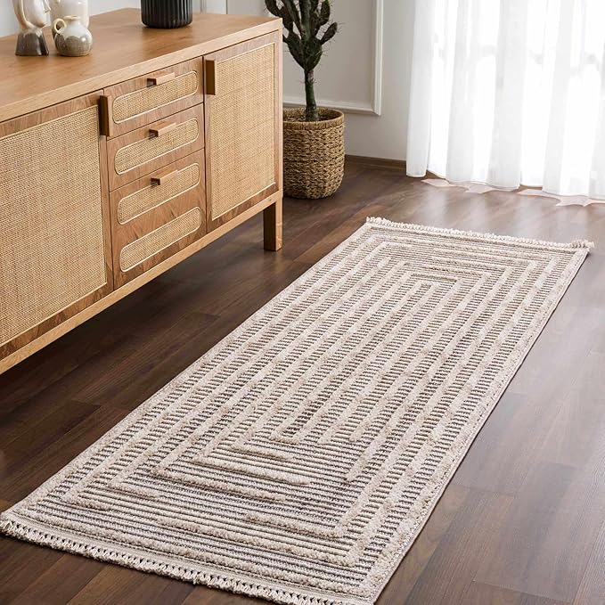 Hauteloom Lunao Farmhouse Living Room Bedroom Moroccan Square Pattern Abstract Area Rug - Soft Shaggy High Low Carpet - High Pile - Bohemian, Boho - Gray, Brown, Beige, Cream - 5'3" x 7'