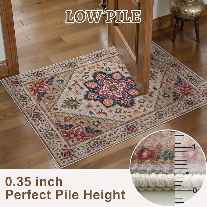 Tangsoo Vintage 4x6 Area Rug, Washable Non Slip Indoor Rugs, Oriental Machine Washable Rug Carpet, Soft Low Pile Foldable Floor Rugs for Dining Room Bedroom Living Room Home Decor Beige/Red