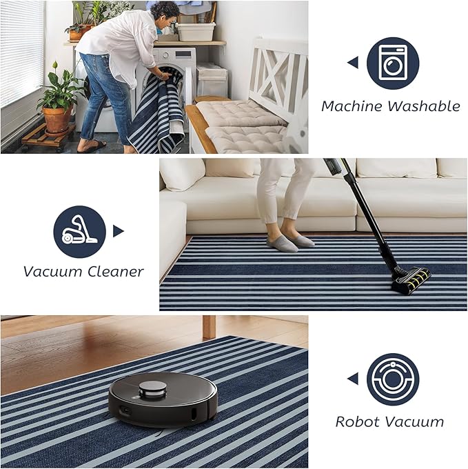Beeiva Striped Blue Runners for Hallways, 2.5x8 Washable Bathroom Runner with Rubber Backed, Non Slip Soft Low Pile Indoor Floor Carpet for Kitchen Bedroom Porch High Traffic Areas