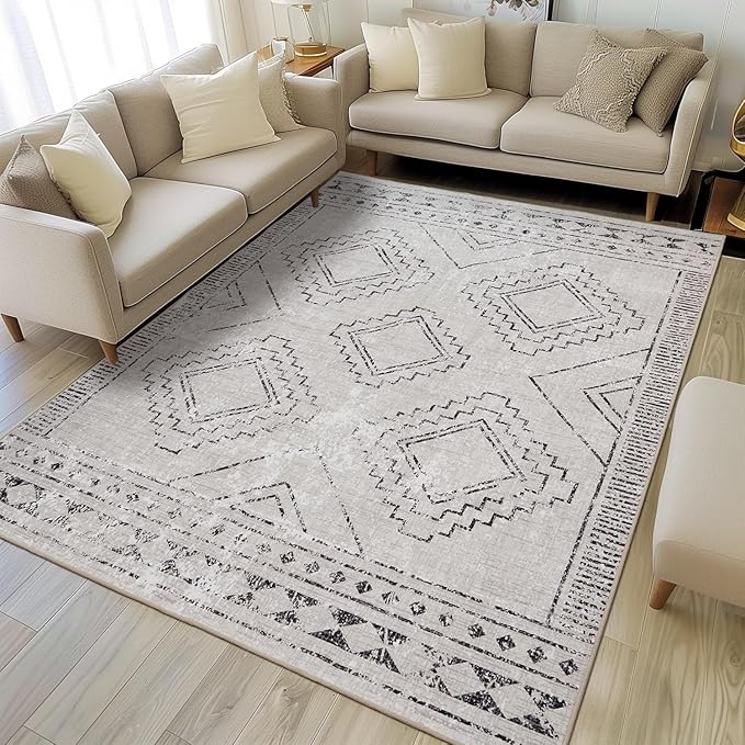 ILANGO Area Rugs 9'x12' for Living Room Machine Washable Grey Area Rugs Modern Dedroom with Rubber Backing Non Slip Carpet for Farmhouse Dining Room, Ultra-Thin, Foldable, Easy Clean
