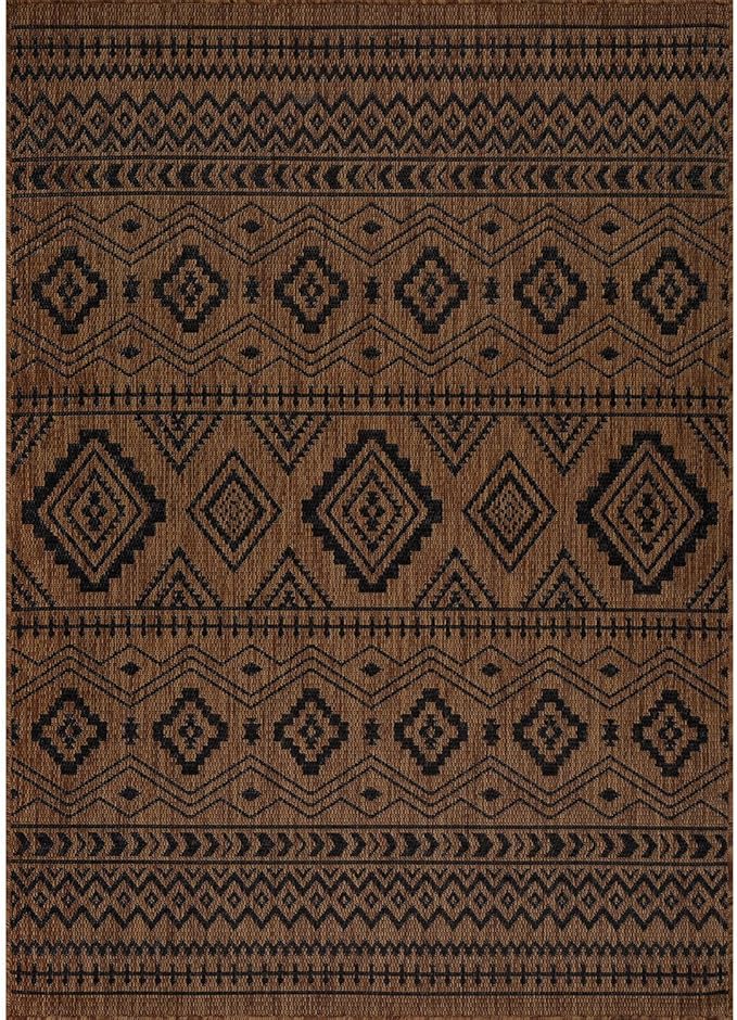 Beverly Rug Waikiki Boho Indoor Outdoor Rug 10x14, Washable Outside Carpet for Patio, Deck, Porch, Bohemian Area Rug, Farmhouse Rugs, Aztec Tribal Rug, Nut Brown and Black