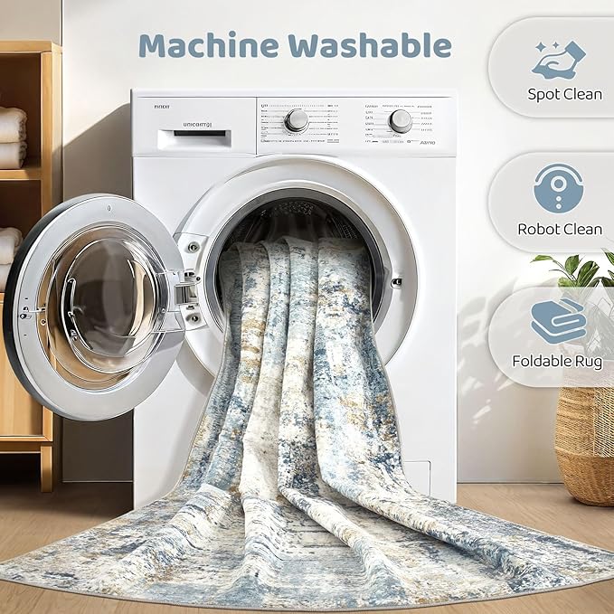 10x13 Area Rug Living Room: Washable Large Abstract Modern Soft Rugs Stain Resistant Indoor Floor Non Slip Accent Carpet for Bedroom Nursery Playroom Office Dining Room Dorm Home House- Light Blue
