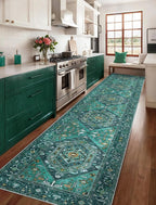 SERISSA Runner Rug for Hallways, 2'6"x14' Washable Non Slip Kitchen Runner Rug, Extra Long Boho Rug Ultra Soft Vintage Teal Print Floor Carpet for Bedroom Hallway Entryway Bathroom Laundry Room