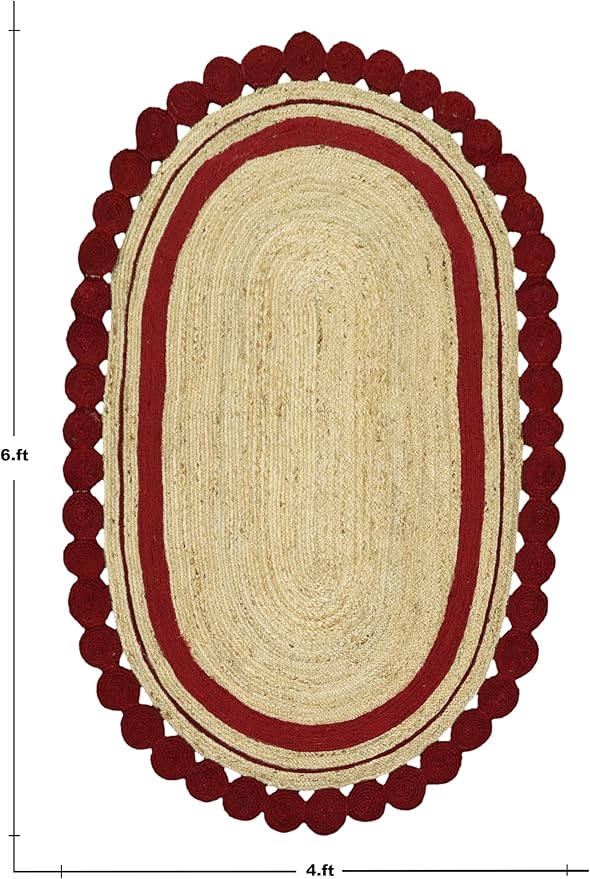 4x8 Kilim Oval Rug – Handmade Boho Area Rug, Oval Natural Jute, 0.27" Thick Flatweave, Solid Red Beige Hand Braided Carpet for Living Room, Bedroom, Dining