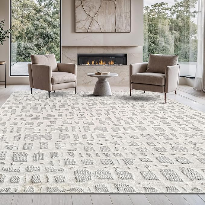 Beverly Rug Micro Loop Area Rug Gray/White 6x9 Abstract Modern Luxury Irregular Grid Durable Soft Indoor Rugs for Living Dining Room Office Stain Resistant Non Shedding Casual Indoor Carpet 6 x 9