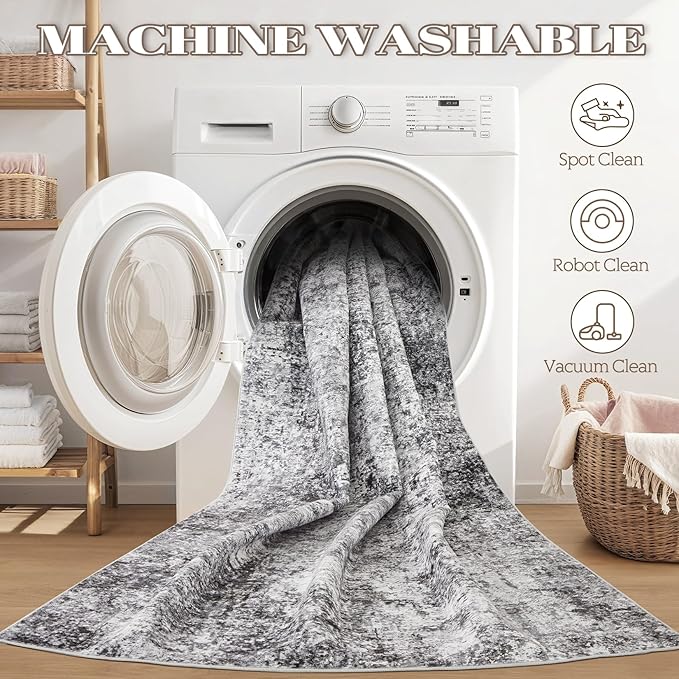 Washable Runner Rug for Hallway: 2.6x12 Neutral Modern Abstract Low Pile Area Rug with Non-Slip Backing - Carpet for Bedroom Kitchen Laundry Entryway Bathroom Indoor - Grey