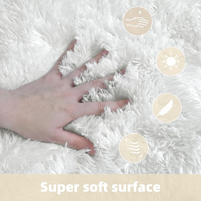 4x6 Solid Fluffy White Area Rug – Washable, Durable, Living Room Rug, Non-Slip High Pile Shag Rugs for Bedroom, Living Room, Bedside, Dorms, Nursery Rooms, Kids Room, Soft Indoor Floor Carpet