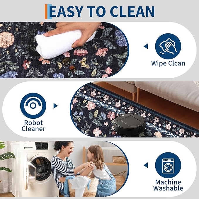 Floral Washable Rug 4x6, Non-Slip Low Pile Botanical Carpet, Vintage Farmhouse Area Rug for Bedroom Nursery Kids Room Home Decor, Dark Grey Blue
