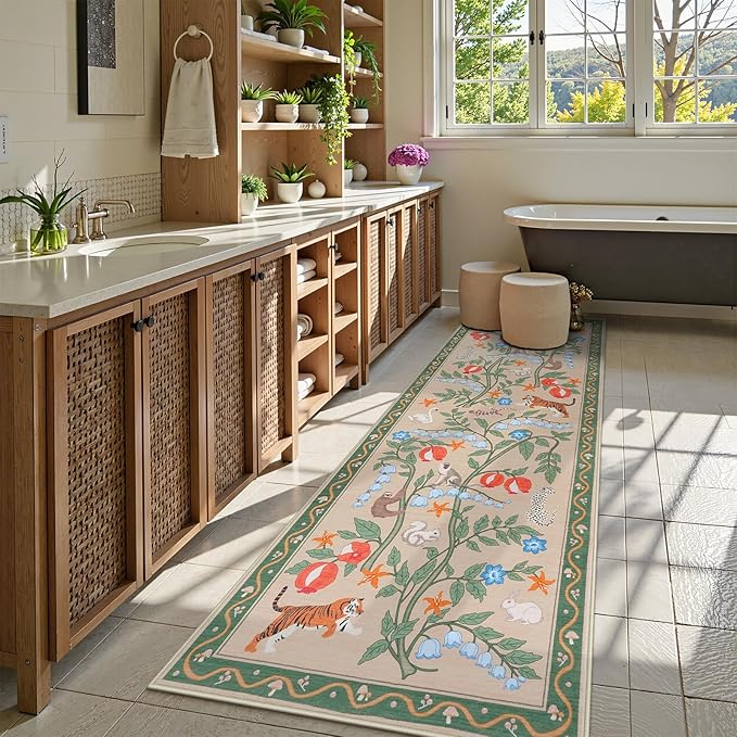 Collive Rug Runners for Hallway 2.6x8, Washable Jungle Animal Kitchen Runner Carpet Green Non Slip Bathroom Mats, Soft Low Pile Stain Resistant Entryway Rugs for Bedroom, Laundry Room