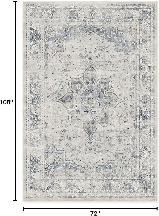 RUGGABLE Washable Vintage Area Rug – Sarrah Blue Quartz 6x9, Stain-Resistant, Non-Slip – Medium Machine Washable Rugs for Living Room, Bedroom, Hallway, Entryway & Office–with Cushioned Pad