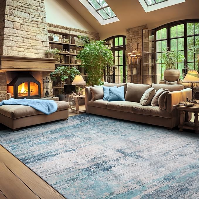 Abstract 10x12 Area Rug Washable Soft Ultra Large Non-Slip Carpet for Living Room Dining Room Home Office Bedroom - Abstract Teal/Grey