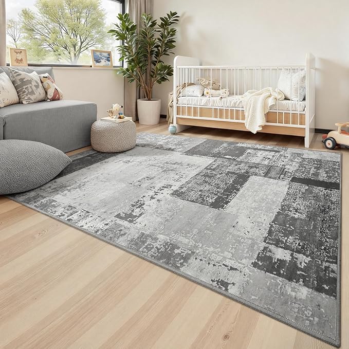 LOCHAS Rug for Living Room, Washable Soft Area Rugs for Bedroom 9x12, Abstract Carpet for Indoor Office Kids Dining Room Nursery Floor, Grey Geometric Vintage Home Decor, Non Slip, Pet Child Friendly