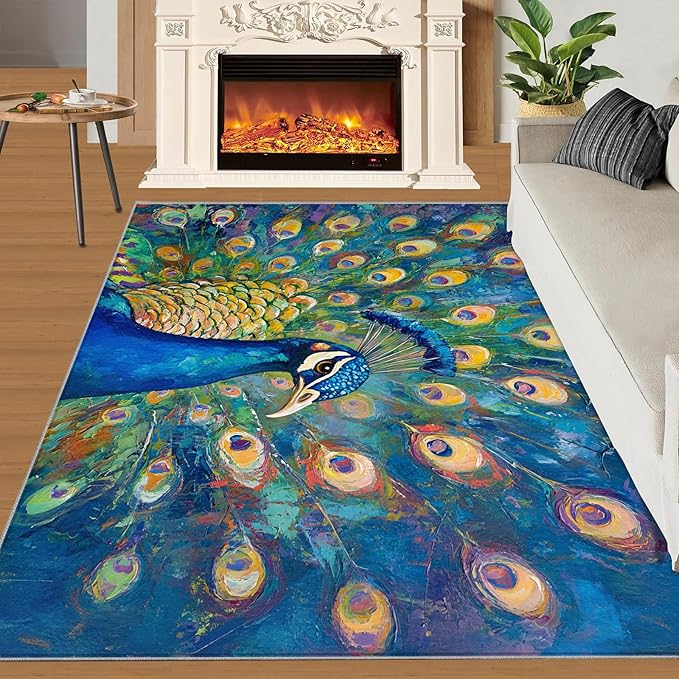 Peacock Rug Large - 5x6 Rug, Turquoise Teal Peafowl Washable Rugs for Living Room, Peafowl Decor Carpet, Modern Style Non-Slip Area Rugs for Bedroom, Aesthetics Carpet - Peafowl Home Decor & Gifts