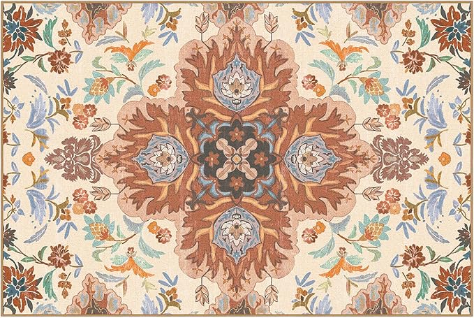Phantoscope Washable Area Rug 6'x9' Non-Slip, Vintage Boho Rugs for Living Room, Bedroom, Dining Room, Fall Orange Floral Medallion Pattern, Low-Pile Foldable Floor Carpet, Rust/Multi Floral