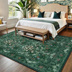 Green Boho Living Room 5x7 Area Rug, Floral Washable Vintage Distressed Rug for Dining Room Under Table, Bedroom, Nursery, Home Office - Low Pile Non Slip Art Deco Carpet, Farmhouse Accent Mat