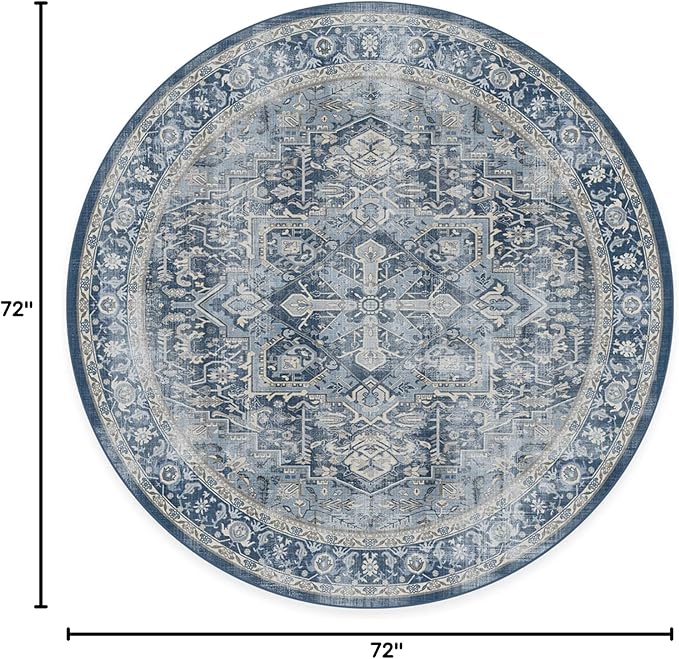 RUGGABLE Washable Area Rug – Kamran Admiral Blue 6 ft Round, Stain-Resistant, Non-Slip – Medium Machine Washable Rugs for Living Room, Bedroom, Hallway, Entryway & Office–with Cushioned Pad