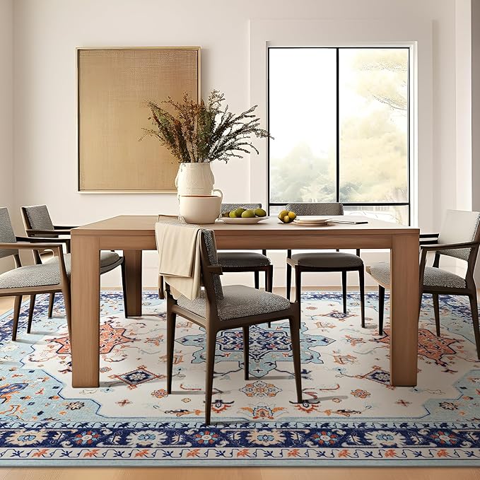 Phantoscope Washable Area Rug 6'x9' Non-Slip, Vintage Boho Rugs for Living Room, Bedroom, Dining Room, Medallion Persian Symmetrical Pattern, Low-Pile Foldable Floor Carpet, Ivory Blue/Orange