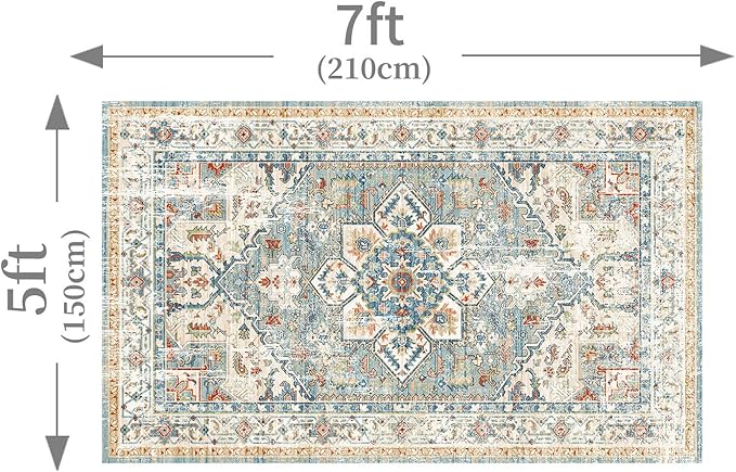 Enkor Area Soft Rugs 5x7 Washable Non Slip Boho Floor Rugs for Living Room Bedroom, Vintage Style Farmhouse Mat for Kitchen Entryway Beige & Green