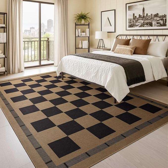 Checkered Jute Rugs, 6x9 Large Washable Outdoor Patio Rug, Living Room Bedroom Dining Room Indoor Carpet, Non Slip Modern Farmhouse Design Neutral Geometric Porch Classroom Mat, Black and Brown