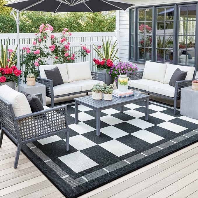 Vasofe Plaid 3x5 Outdoor Patio Rug,Checkered Jute Entryway Rugs, Washable Black and White Indoor Bedroom, Farmhouse Neutral Front Door Mat,Modern Carpet for Porch Patio Balcony Kitchen