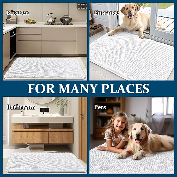 OLANLY Dog Door Mat for Muddy Paws 48x30, Absorbs Moisture and Dirt, Absorbent Non-Slip Washable Doormat, Quick Dry Chenille Mud Mat for Dogs, Entry Indoor Entryway Carpet for Inside Floor, White