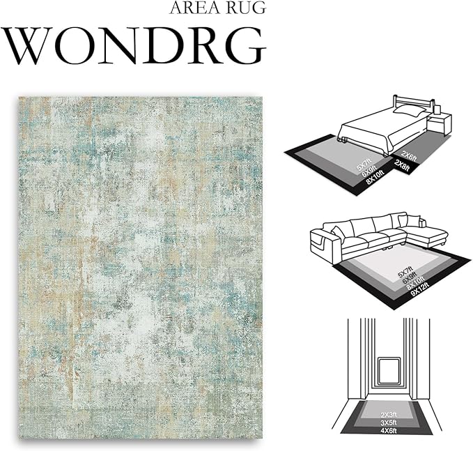 10x14 Area Rug Teal Beige Abstract Living Room Bedroom Washable Carpet Neutral Modern Non-Slip Soft Low Pile Lightweight Vacuumable Large Throw Rug for Dining Room