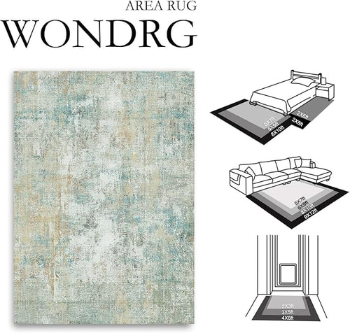 10x14 Area Rug Teal Beige Abstract Living Room Bedroom Washable Carpet Neutral Modern Non-Slip Soft Low Pile Lightweight Vacuumable Large Throw Rug for Dining Room
