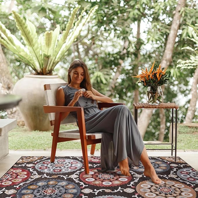 CAMILSON Indoor Outdoor Rug 9x12 Bohemian Medallion Floral Area Rugs for Indoor and Outdoor Patios Easy-Cleaning Non-Shedding Living Room Garden and Kitchen Washable Outside Carpet (9 x 12 / Brown)