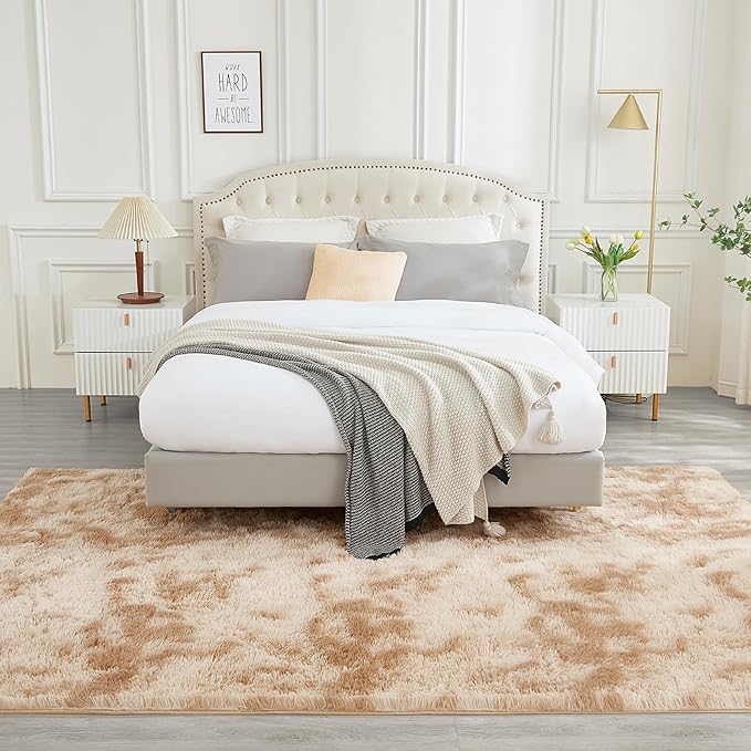 Andency 8x10 Area Rugs for Living Room, Non-Slip Fluffy Soft Large Shag Bedroom Carpet, Tie-Dyed Beige Big Indoor Thick Nursery Rug for Kids Dorm Home Decor Aesthetic