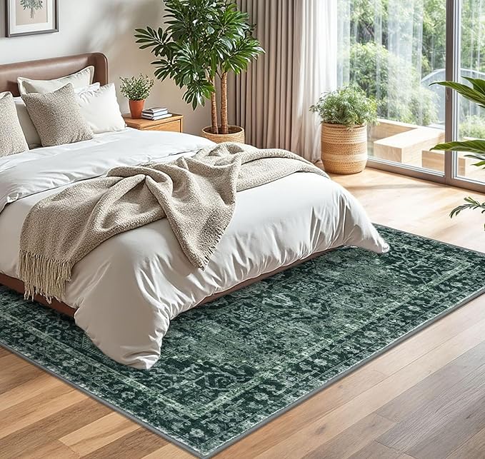 KOZYFLY Boho Area Rug 5x7 Ft Thin Washable Rugs for Living Room Faux Wool Throw Carpet Printed Non Slip Rug for Entryway Bedroom Dining Room Living Space, Dark Green