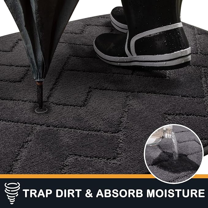 PURRUGS Dirt Trapping Door Mat 24" x 35.5", Non-Slip Machine Washable Entry Rug, Shoe Scraper, Dog Doormat, Super Absorbent Welcome Mat for Front & Back Door, Muddy Wet Shoes & Paws, Charcoal