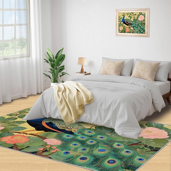 Peacock Peony Rugs for Bedroom - 8x10 Rug, Peacock Decor Area Rugs for Living Room, Peony Flower Carpet, Floral Animal Washable Area Mat, Aesthetics Carpet - Peafowl Home Decor & Gifts