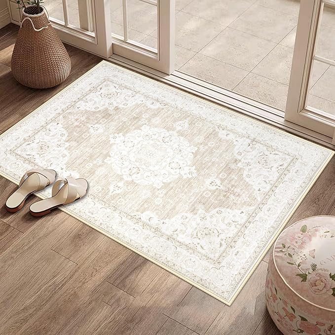 Area Rug 2x3 Entryway Rugs - Machine Washable Vintage Boho Area Rug Non-Slip Kitchen Rugs Soft Stain Resistant Indoor Door Mat, Small Oriental Throw Rug for Entrance Hallway Bedroom(Boho Beige, 2'x3')