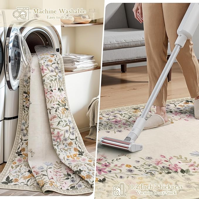 Wonnitar Washable 6x9 Area Rugs, Large Living Room Rug, Non-Slip Soft Floral Rugs for Bedroom, Botanical Area Rug Carpet for Dining Room Guest Room (Beige,6'x9')