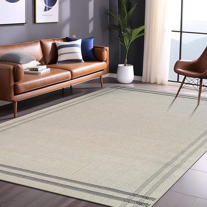 Easy Jute Rugs 6x9 Bordered Bone Color Living Room Indoor Outdoor Area Rug for Patio and Kitchen Rug High Traffic Washable Easy to Clean Solid Boho Woven Design Outside Carpet (6 x 9)