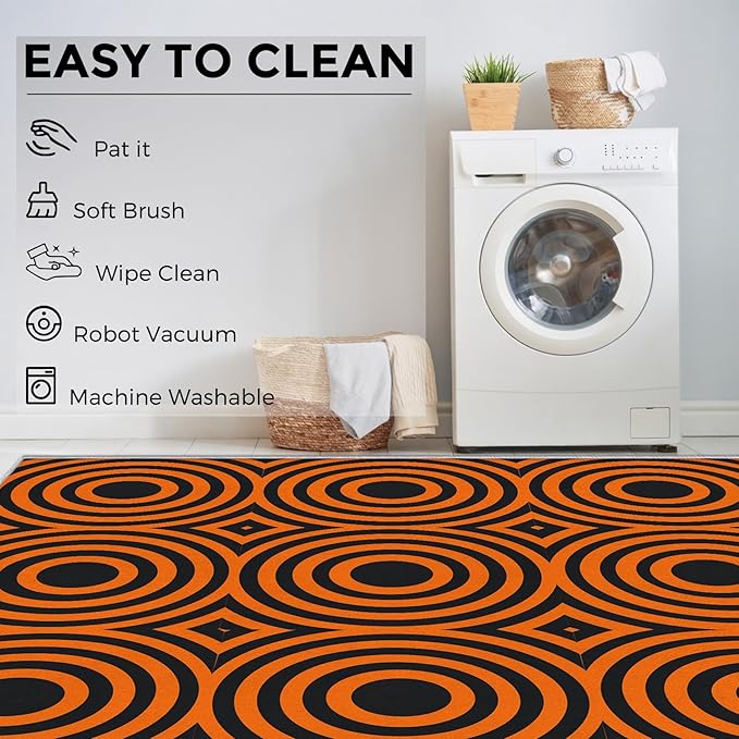 8x10 Geometric Circle Rugs for Bedroom Decor, Washable Retro 60s 70s Geometry Pattern Area Rug, Living Room Home Decoration, Non Slip Soft Thin, Black Orange Decor Large Carpet PF-P 49