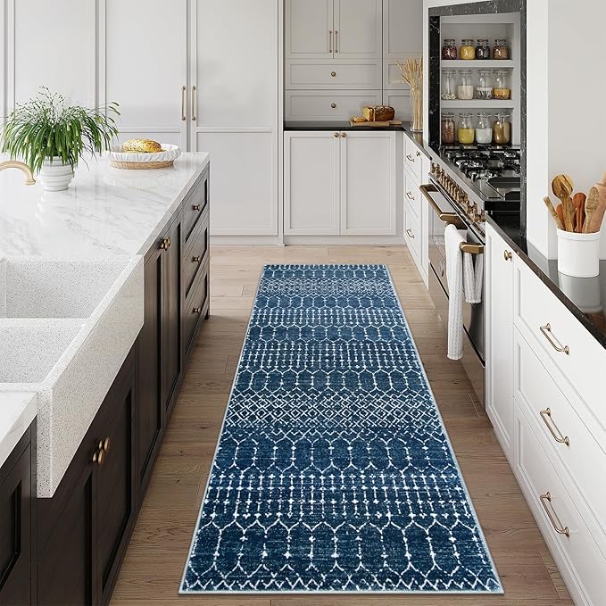 Lahome Moroccan Washable Runner Rug 2x10, Non Slip Hallway Runner Rug 10 Ft Ultra-Thin Kitchen Runners Non Skid, Soft Modern Geometric Print Carpet Runners for Entryway Stair (Blue, 2'x10')
