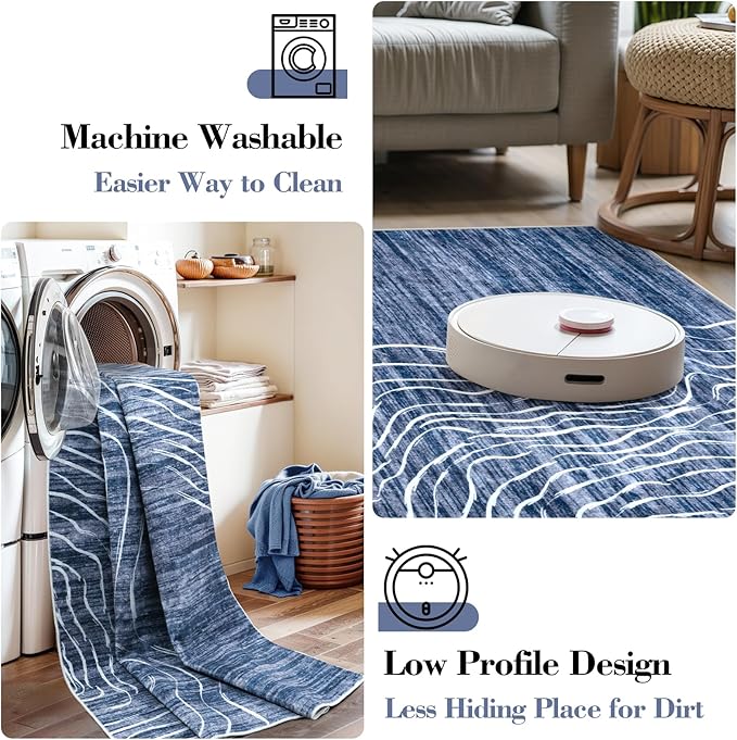LIVEBOX Machine Washable Modern Abstract 6x9 Area Rug, Non Slip Large Bedroom Living Room Nursery Girl Rug Minimalist Wave Striped Neutral Boys Rug, Carpet for Dining Room Playroom(Navy Blue,6'x9')